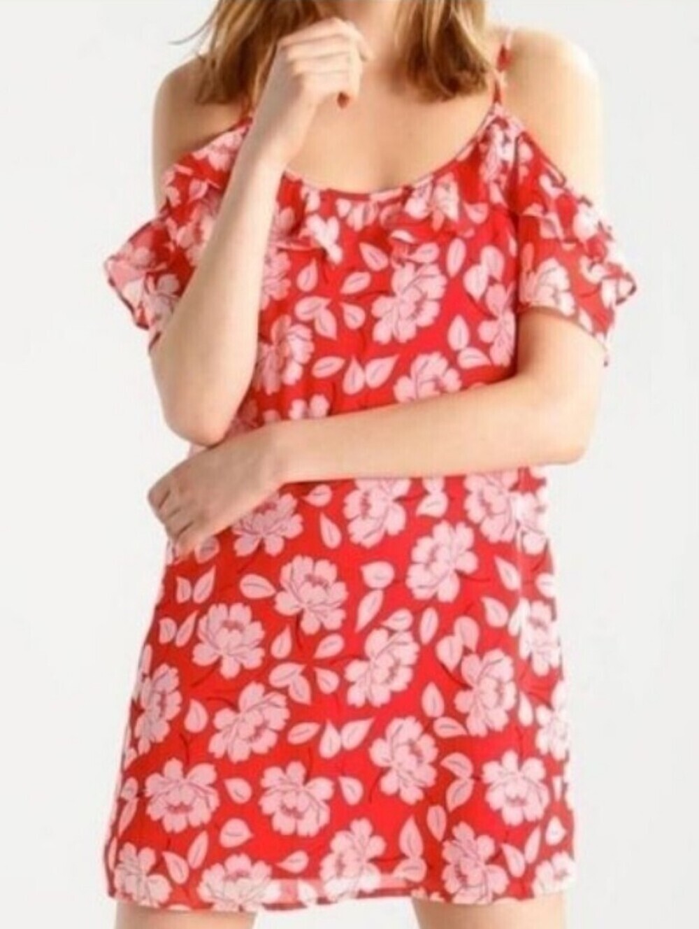 Abercrombie & Fitch Cold Shoulder Flutter Ruffle Sleeve Red Floral Dress Size XS